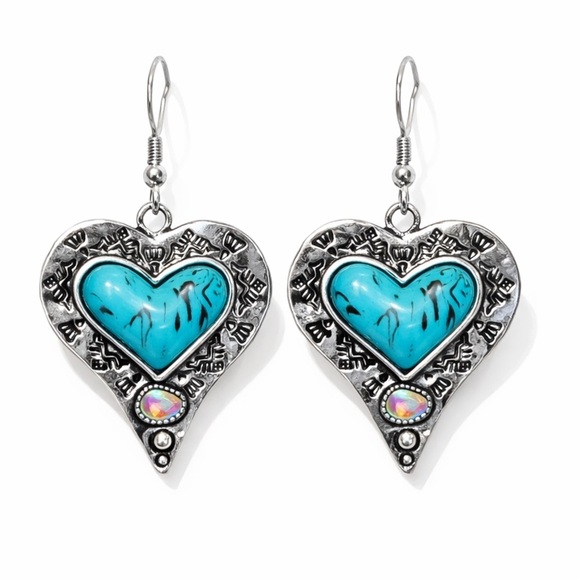Anthropologie Jewelry - Western Silver Heart Earrings with Turquoise